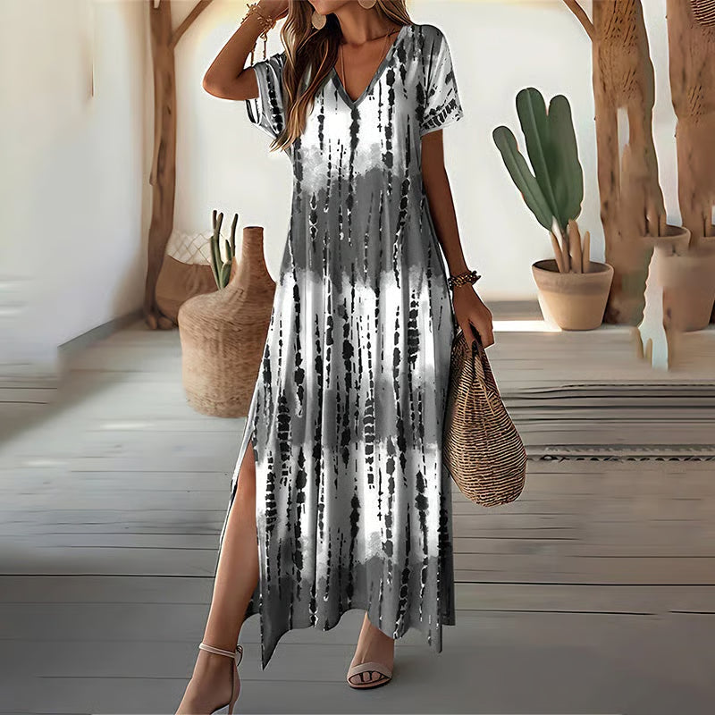 Women's Casual V-Neck Gradient Dress – Dreamy Color Blend & Knee-High Side Slits