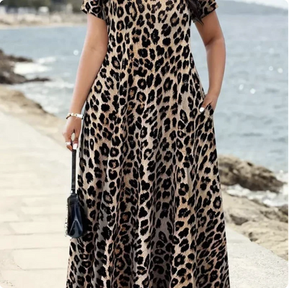 Women's Leopard Print Maxi Dress with Pockets Casual Short Sleeve Long Dress