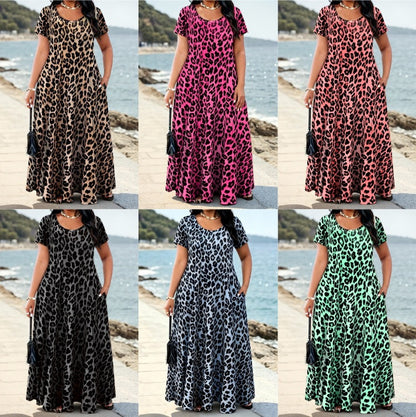 Women's Leopard Print Maxi Dress with Pockets Casual Short Sleeve Long Dress