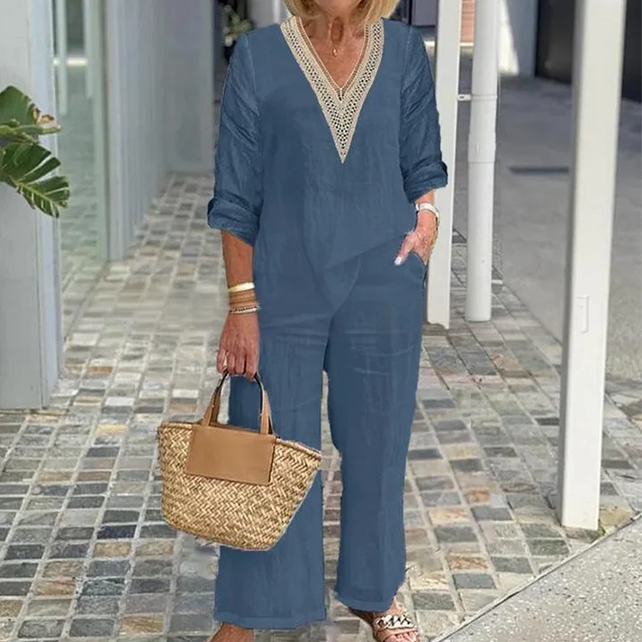 Women's V-Neck Top & Wide-Leg Pants